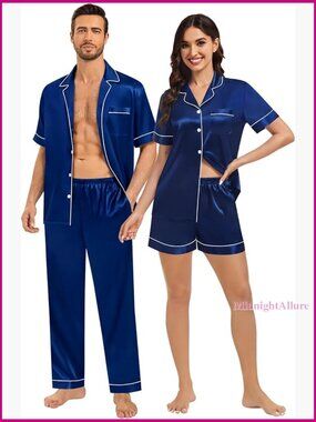 Satin Pajama Set Short Sleeve Button Down Loungewear Size Medium